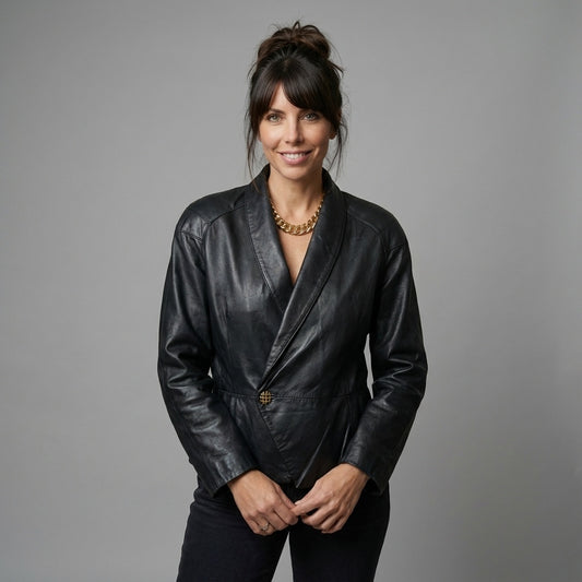 Vintage Black Leather Women's Moto Biker Style Cropped Blazer Dress Jacket