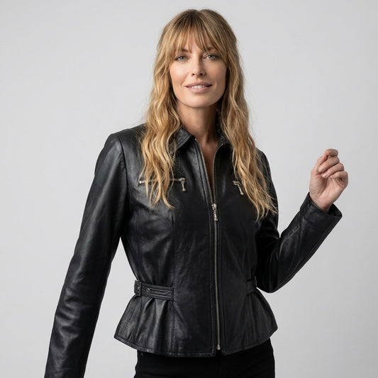 Vintage Black Leather Jacket Women's Moto Biker Style Cropped Peplum Size  S