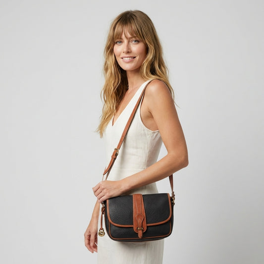 Vintage Dooney and Bourke Leather Saddle Bag Black Crossbody Satchel