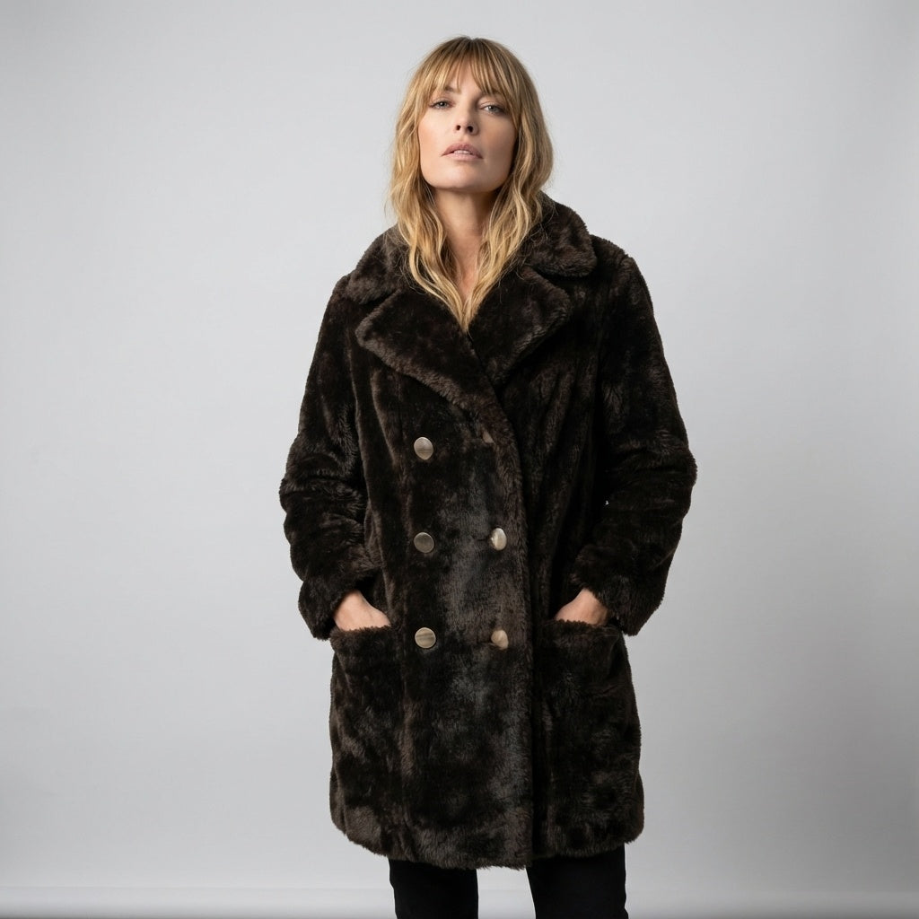 Vintage 70s Faux Fur Coat Brown Double Breasted Peacoat Winter Jacket