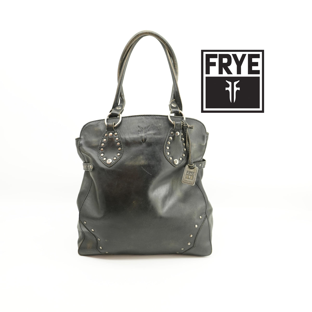 FRYE Purse XL Tote Black Distressed Leather Weekender Black Studded Travel Bag