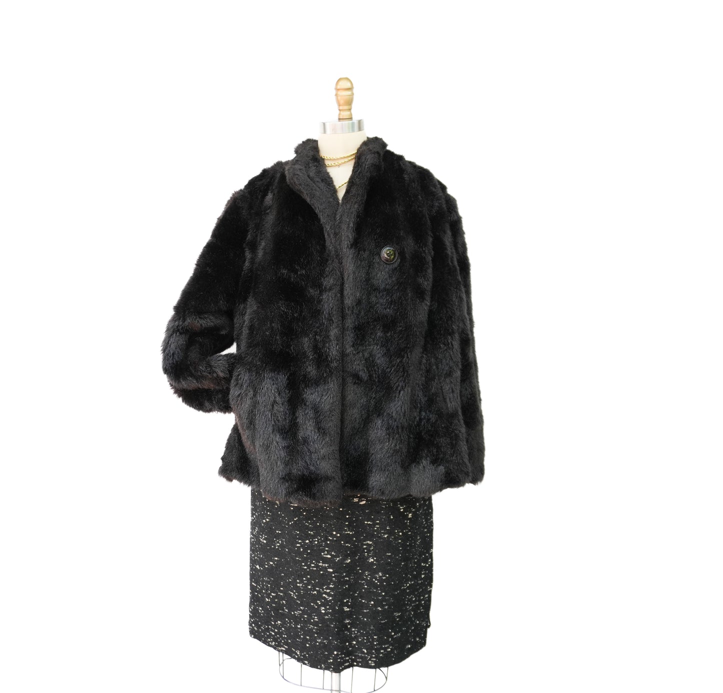 1960s Vintage Faux Fur Coat Brown Winter Cropped Swing Cape Coat Size Medium