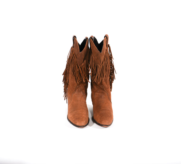 Vintage Fringe Boots Size 7.5 Brown 90s Southwestern Leather Cowboy Cowgirl Boots