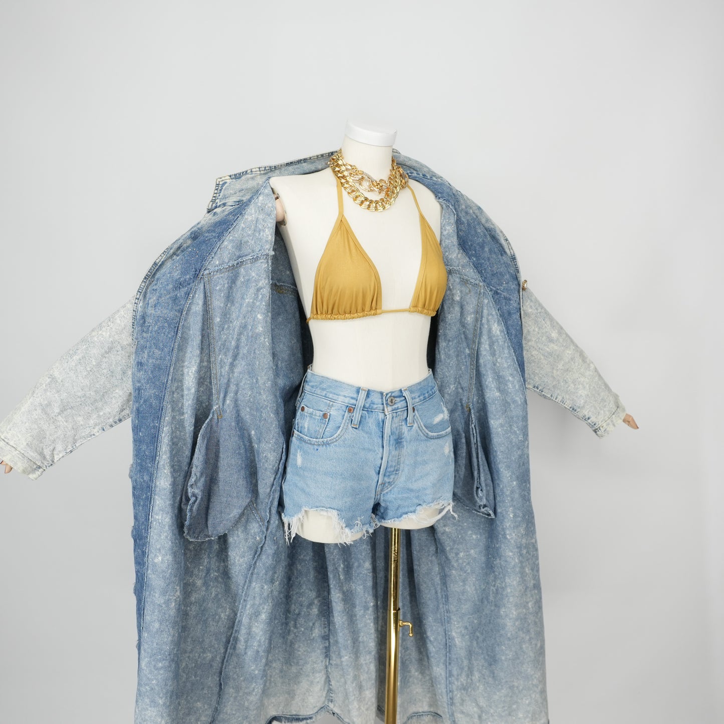 Embellished Vintage Avant-garde Denim Trench Coat Dress Batwing 1980s Glam Acid Wash Dress