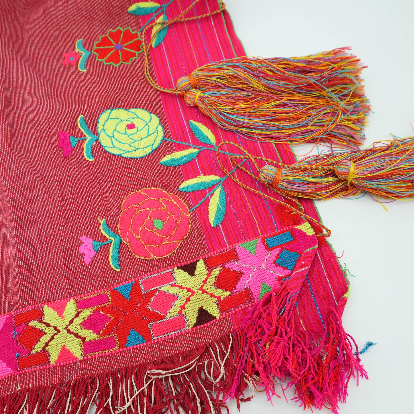 Boho Hand Embroidered Colorful Floral Fringe Guatemalan Mexican Cotton Tie Blouse