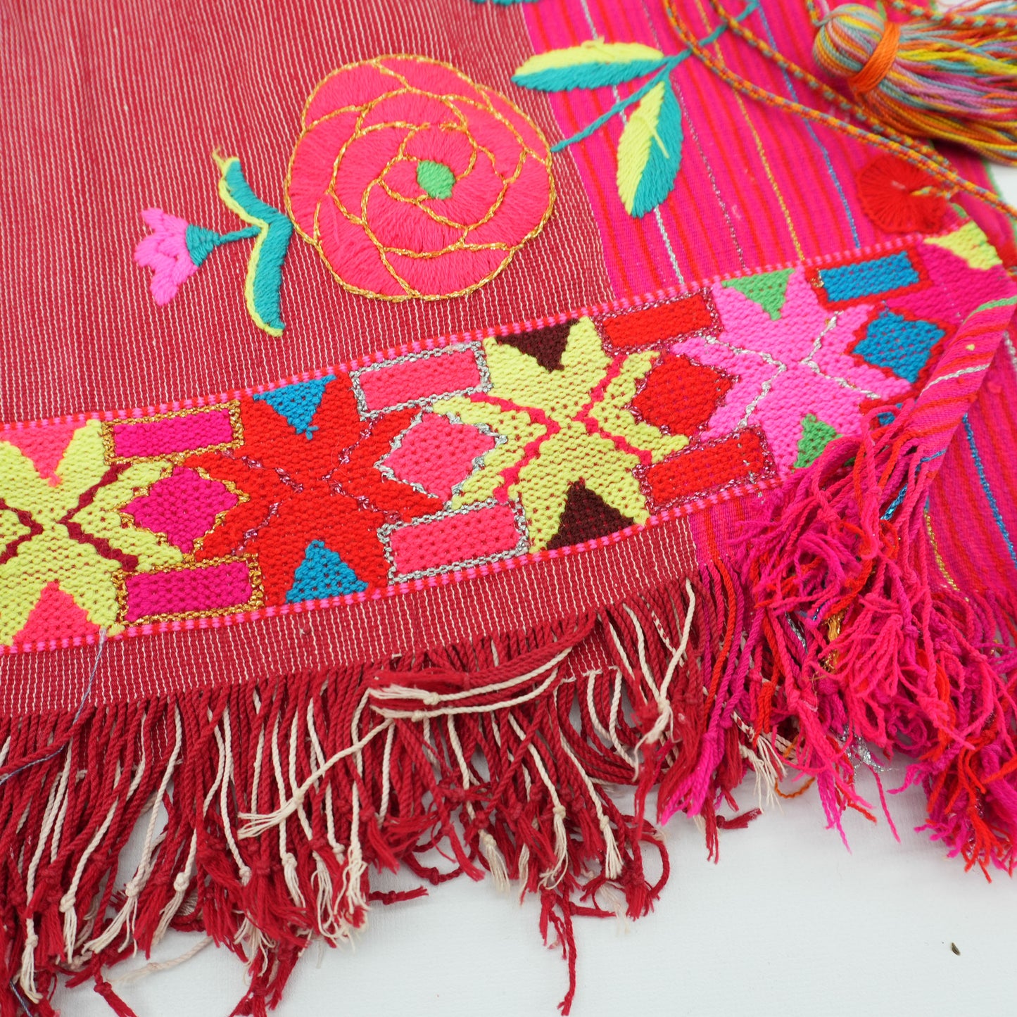 Boho Hand Embroidered Colorful Floral Fringe Guatemalan Mexican Cotton Tie Blouse