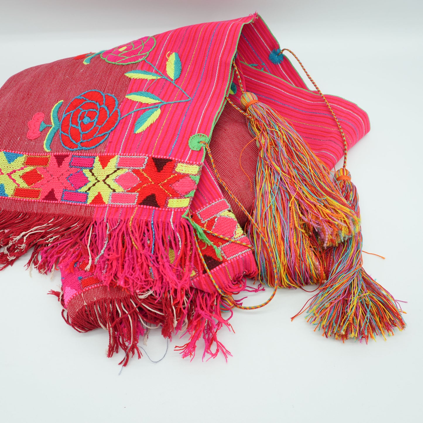 Boho Hand Embroidered Colorful Floral Fringe Guatemalan Mexican Cotton Tie Blouse