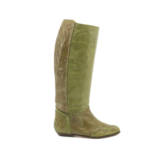 Olive Green Floral Embroidered Italian Flat Boots Knee High Barbara Bowman 1980s  Leather Riding Boots Size 7