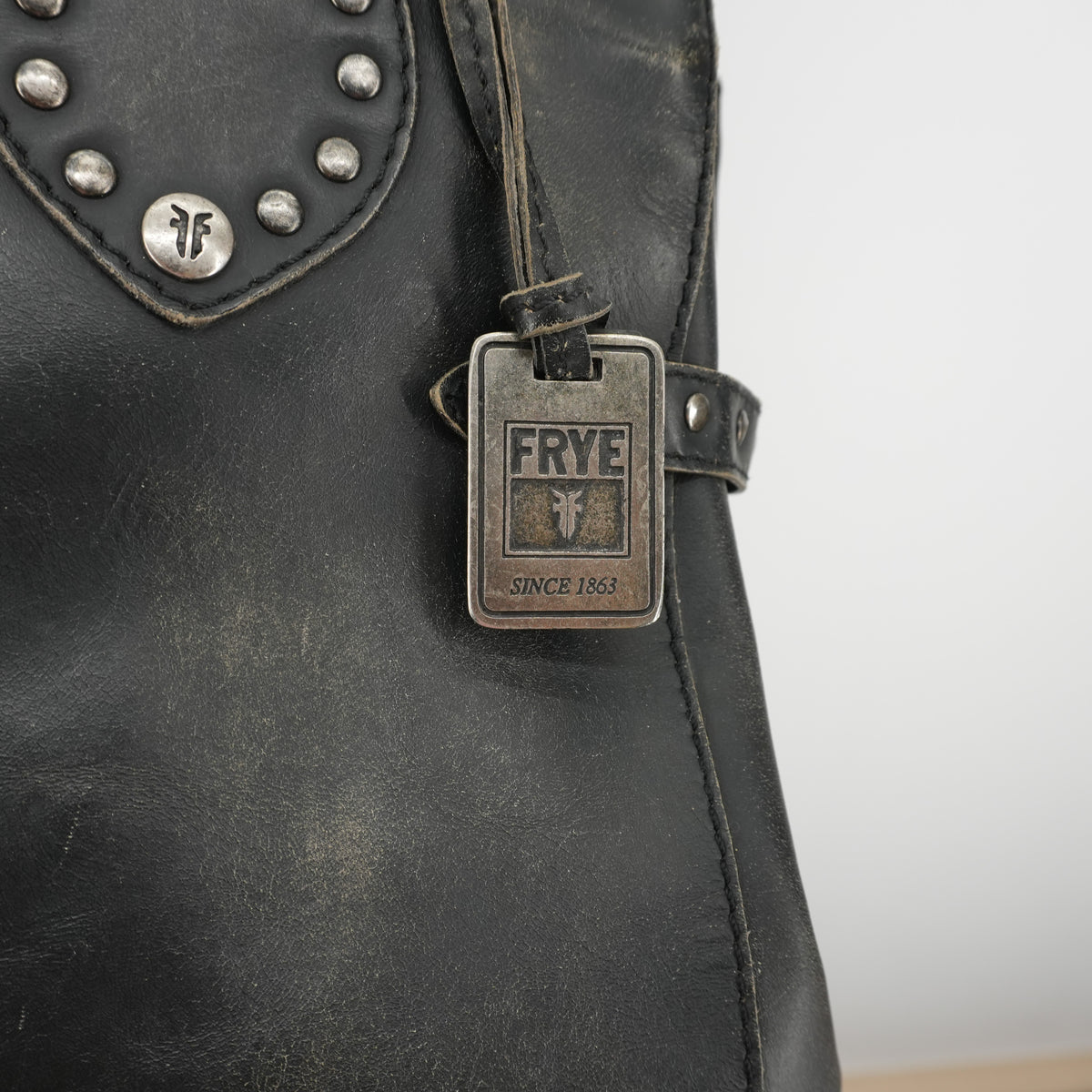 FRYE Purse XL Tote Black Distressed Leather Weekender Black Studded Travel Bag