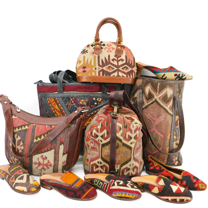 Vintage Kilim Carpet Handbag Handmade Woven Tapestry Boho Geometric Half Moon Bag