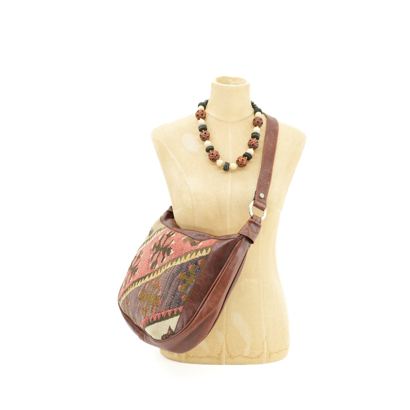 Vintage Kilim Carpet Handbag Handmade Woven Tapestry Boho Geometric Half Moon Bag