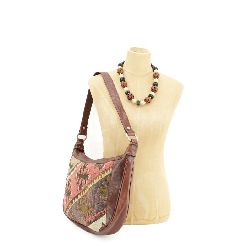 Vintage Kilim Carpet Handbag Handmade Woven Tapestry Boho Geometric Half Moon Bag