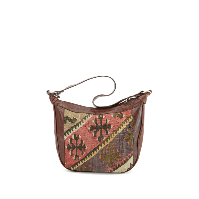 Vintage Kilim Carpet Handbag Handmade Woven Tapestry Boho Geometric Half Moon Bag