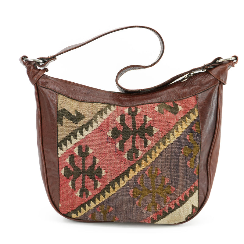 Vintage Kilim Carpet Handbag Handmade Woven Tapestry Boho Geometric Half Moon Bag