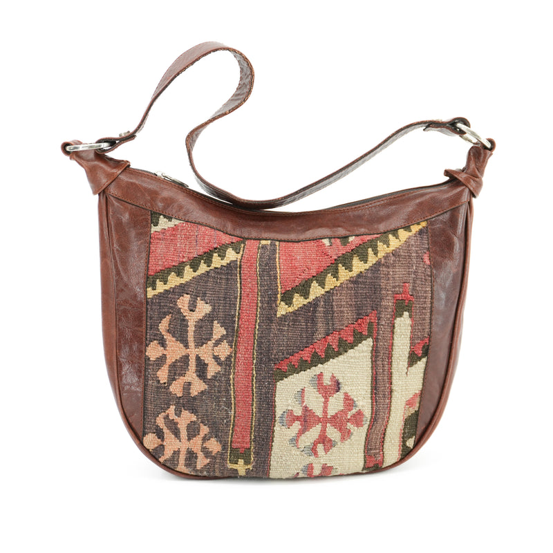 Vintage Kilim Carpet Handbag Handmade Woven Tapestry Boho Geometric Half Moon Bag