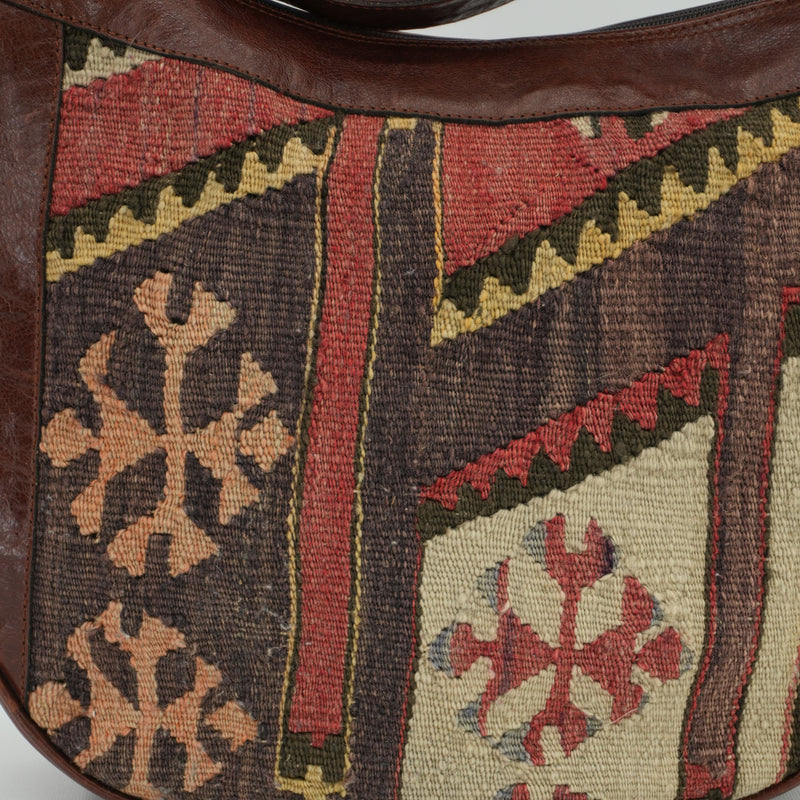 Vintage Kilim Carpet Handbag Handmade Woven Tapestry Boho Geometric Half Moon Bag