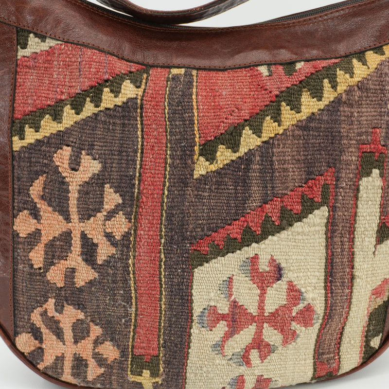 Vintage Kilim Carpet Handbag Handmade Woven Tapestry Boho Geometric Half Moon Bag