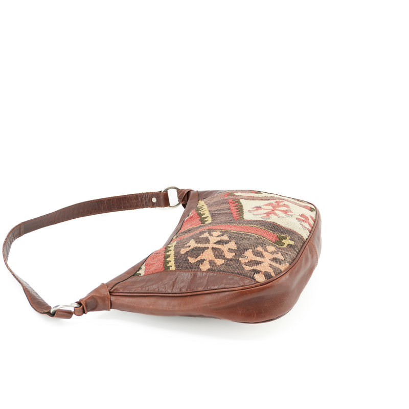 Vintage Kilim Carpet Handbag Handmade Woven Tapestry Boho Geometric Half Moon Bag