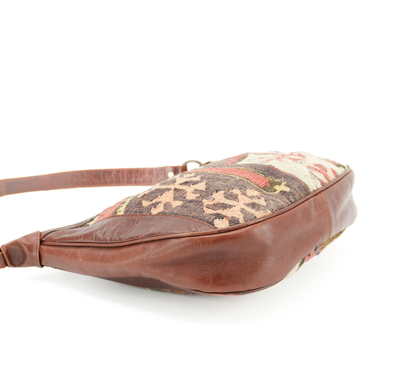 Vintage Kilim Carpet Handbag Handmade Woven Tapestry Boho Geometric Half Moon Bag