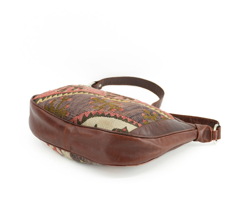 Vintage Kilim Carpet Handbag Handmade Woven Tapestry Boho Geometric Half Moon Bag