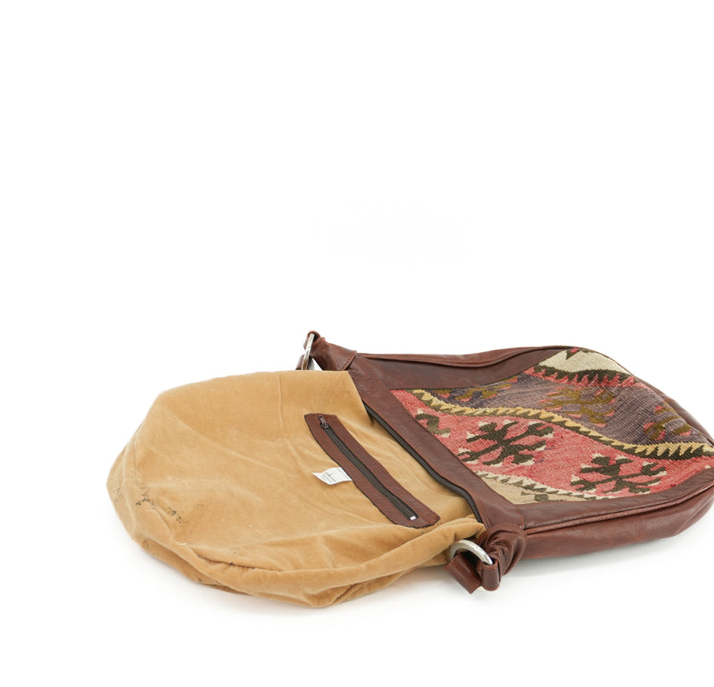 Vintage Kilim Carpet Handbag Handmade Woven Tapestry Boho Geometric Half Moon Bag