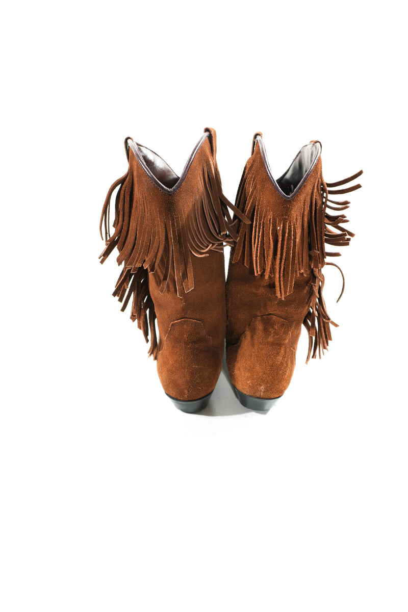 Fringe Boots Size 7 1/2 Brown Leather Suede 90s Flat Moccasin Booties Sz. 7.5