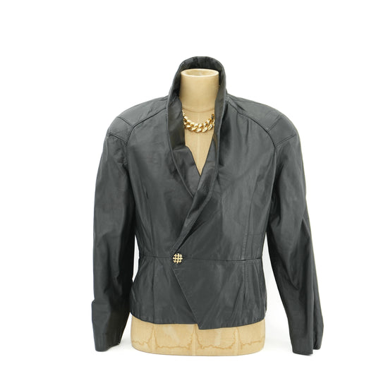 Vintage Black Leather Women's Moto Biker Style Cropped Blazer Dress Jacket