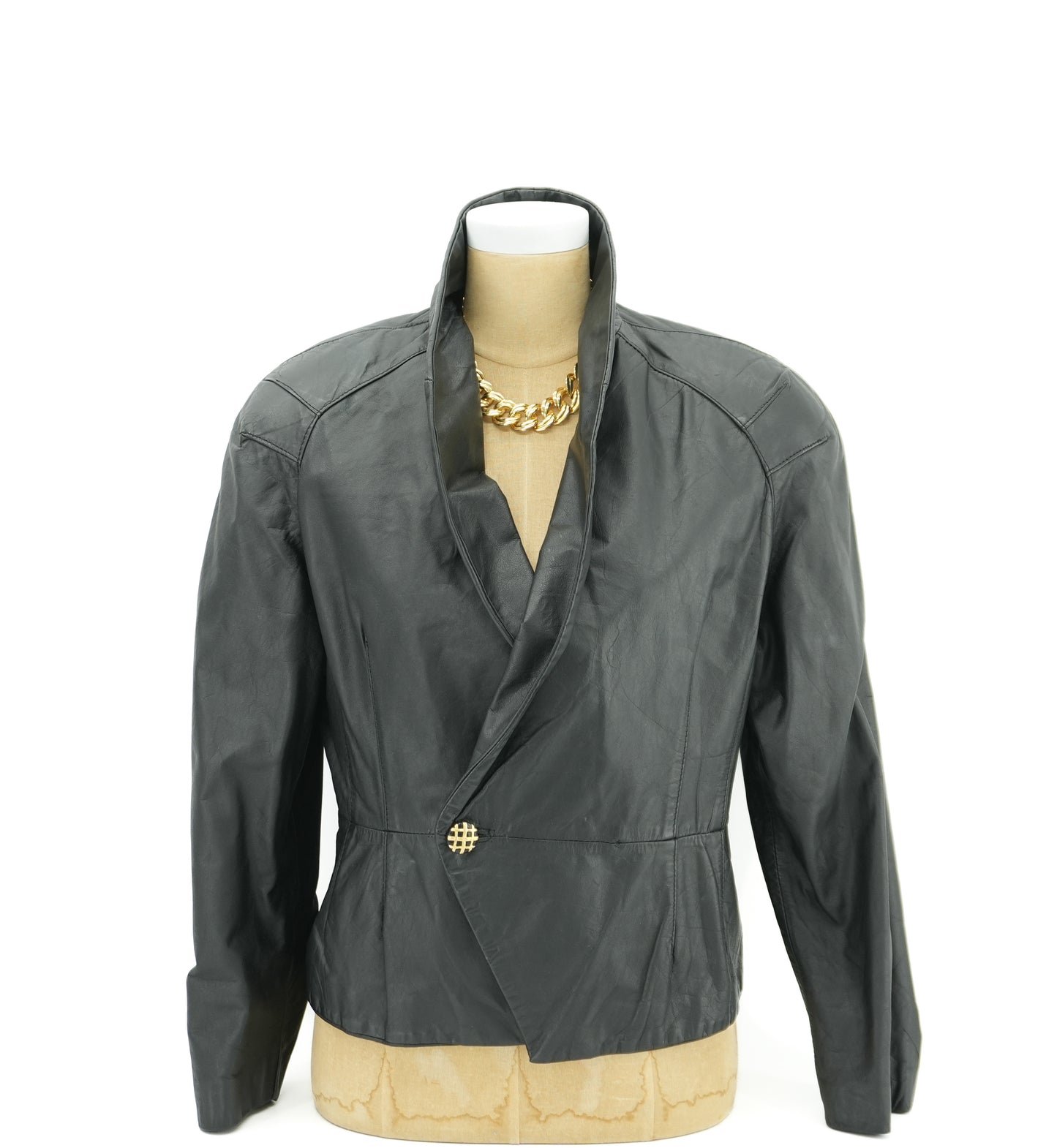 Vintage Black Leather Women's Moto Biker Style Cropped Blazer Dress Jacket