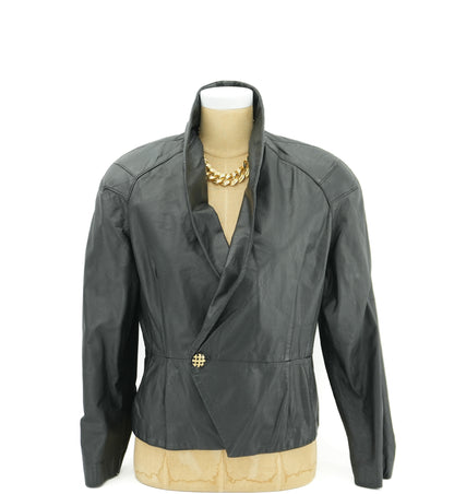 Vintage Black Leather Women's Moto Biker Style Cropped Blazer Dress Jacket