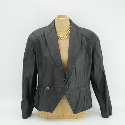 Vintage Black Leather Women's Moto Biker Style Cropped Blazer Dress Jacket