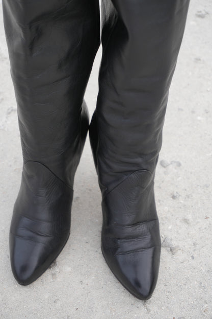 Tall Boots Size 9 Vintage 80s Tall Black Leather Retro Boots Sz. 9
