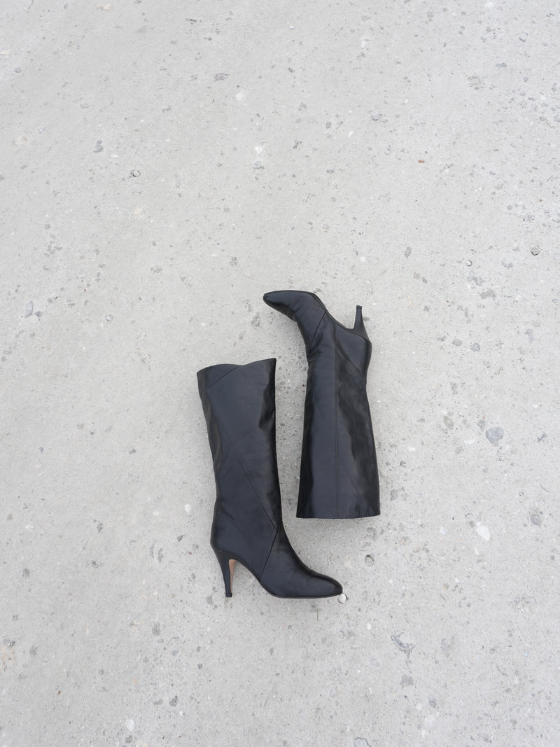 Tall Boots Size 9 Vintage 80s Tall Black Leather Retro Boots Sz. 9