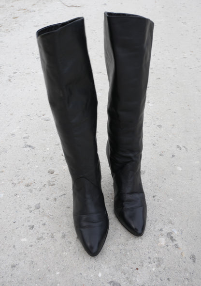 Tall Boots Size 9 Vintage 80s Tall Black Leather Retro Boots Sz. 9