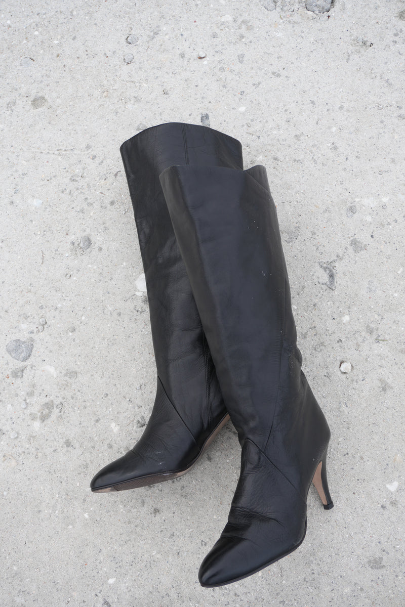 Tall Boots Size 9 Vintage 80s Tall Black Leather Retro Boots Sz. 9