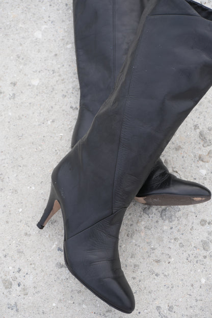 Tall Boots Size 9 Vintage 80s Tall Black Leather Retro Boots Sz. 9