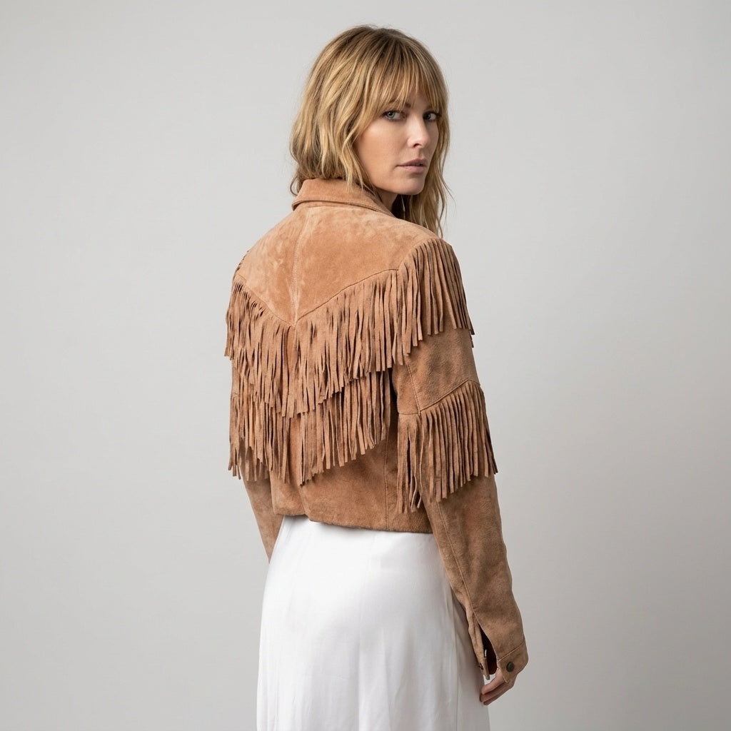 Vintage Suede Fringe Jacket 70s Cropped Western Boho Cowgirl Style Tan Brown Size S