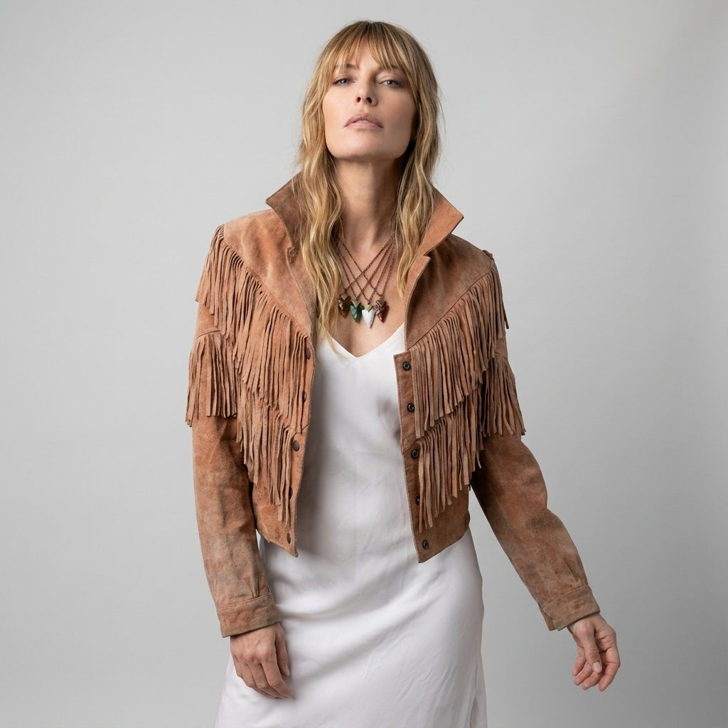 Vintage Suede Fringe Jacket 70s Cropped Western Boho Cowgirl Style Tan Brown Size S