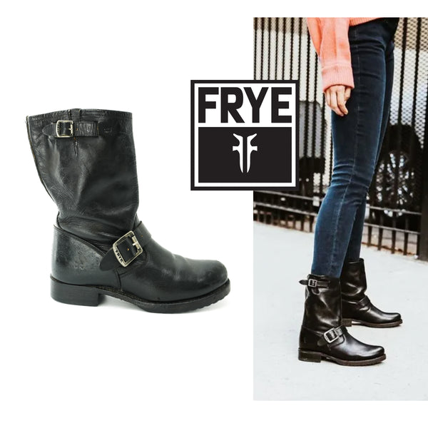 Frye MOTO Boots Vintage Black Leather Buckle Engineer Flat Boots - Size 8