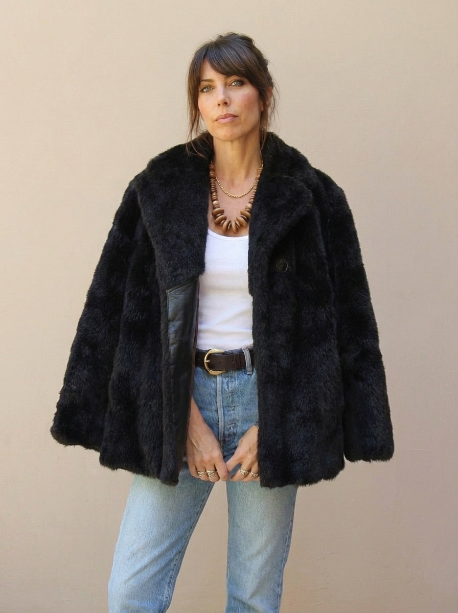1960s Vintage Faux Fur Coat Brown Winter Cropped Swing Cape Coat Size Medium