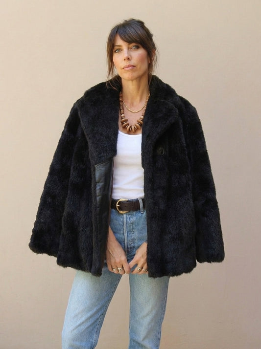 1960s Vintage Faux Fur Coat Brown Winter Cropped Swing Cape Coat Size Medium