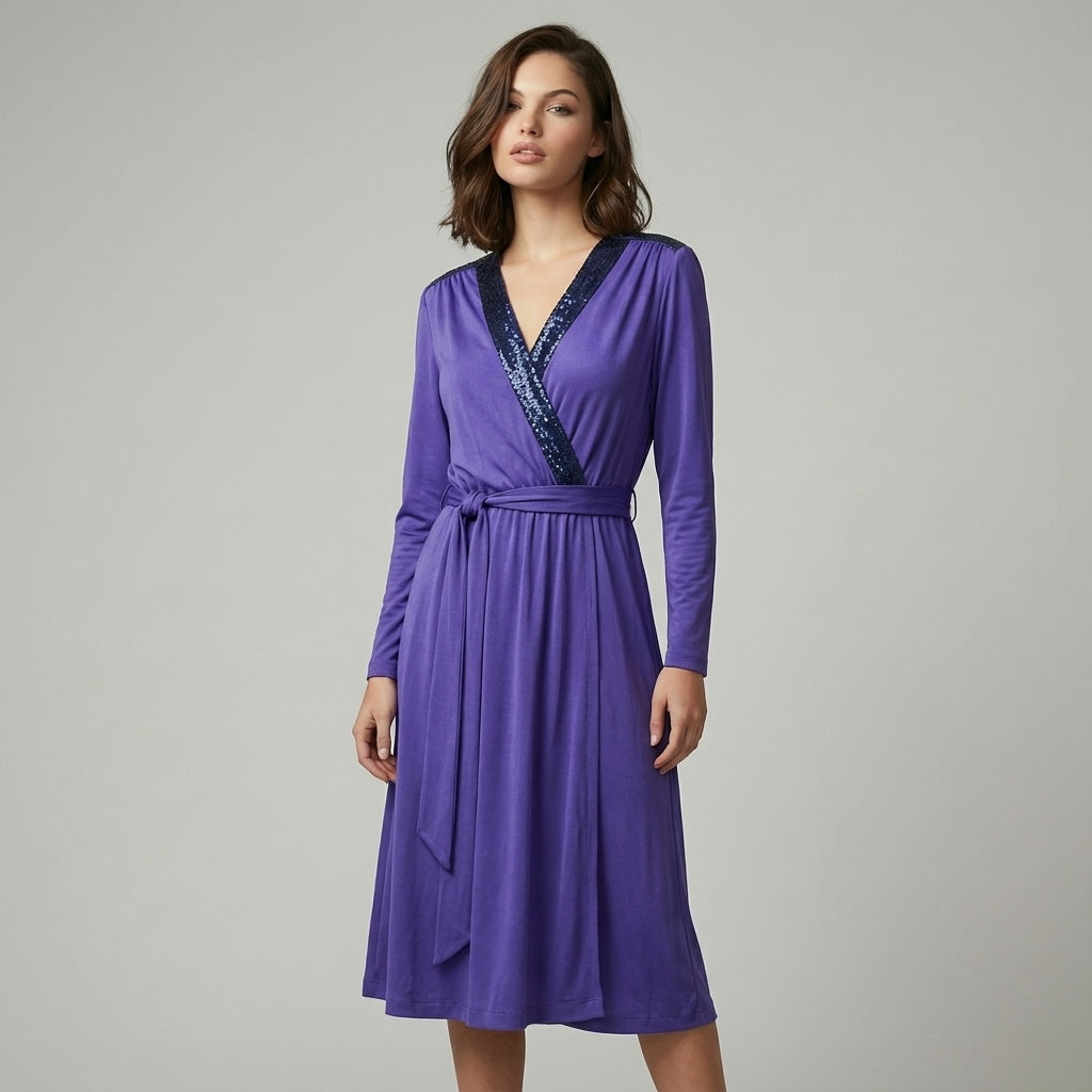 Vintage Purple DISCO Glam 70s 80s Wrap Beaded Party Dress Free Size