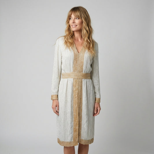 Vintage 70s GODDESS Dress METALLIC Lame' Silver Gold Party Dress Size Medium