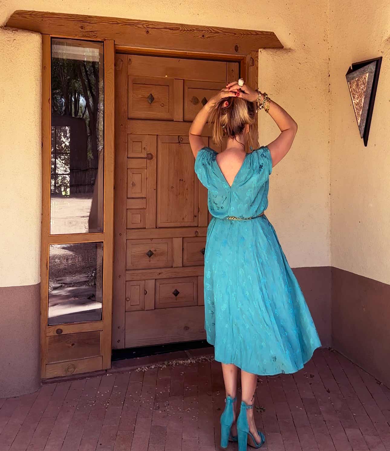 Vintage Sundress Sz. L Teal Floral Brocade Party Dress Midi Length Pocket Dress Size Large