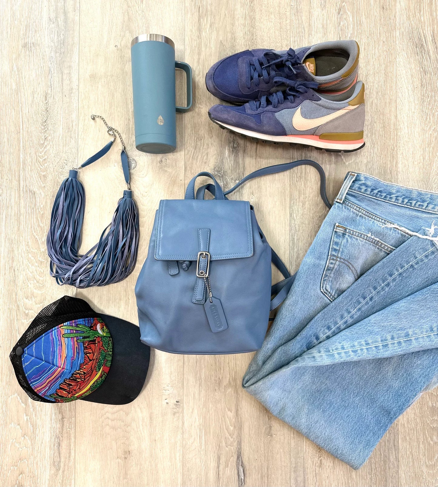 Cut Leather Fringe Strand Blue Necklace Avant Garde Modernist Statement Necklace