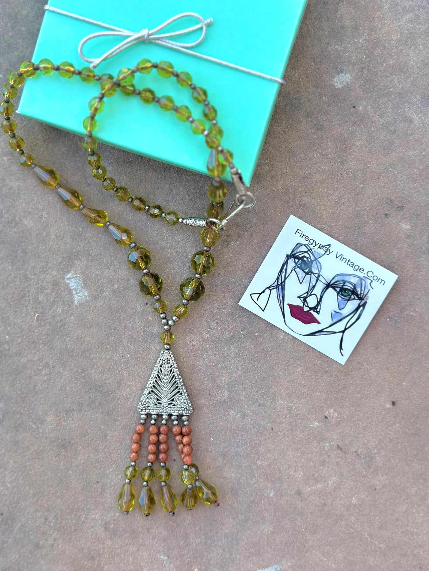 Beaded Necklace 1920s Style Red Sun Sitara Glass Boho GIFT Statement Vintage Drop Necklace