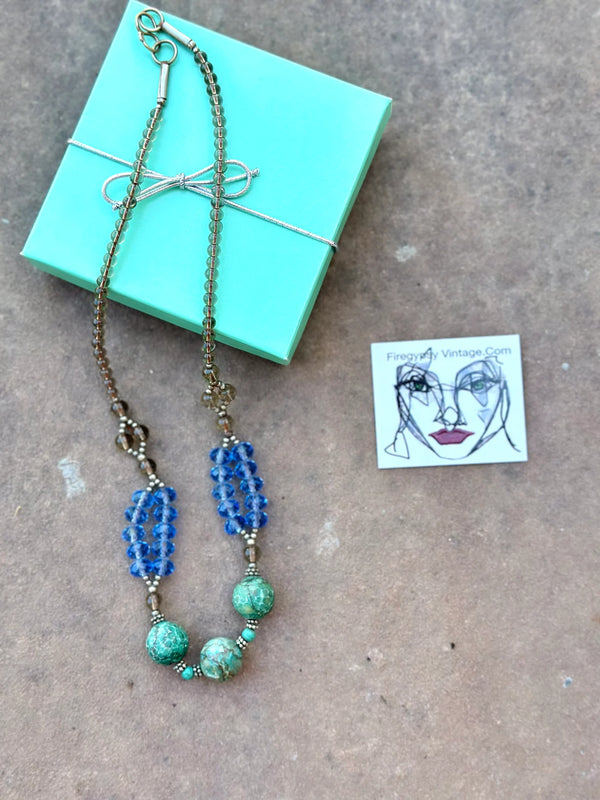 Beaded Necklace Turquoise Blue Glass Boho Statement Vintage Necklace