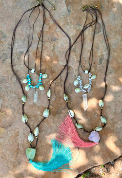 Long Necklace Shell Tassel Turquoise Rose Quartz Multi Strand Crystal Pearl Boho Necklace