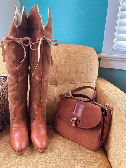 Vintage 1970s Boots Size 8 Tall OTK Lace-up Shearling Lined 60s 70s Gogo Boho Boots