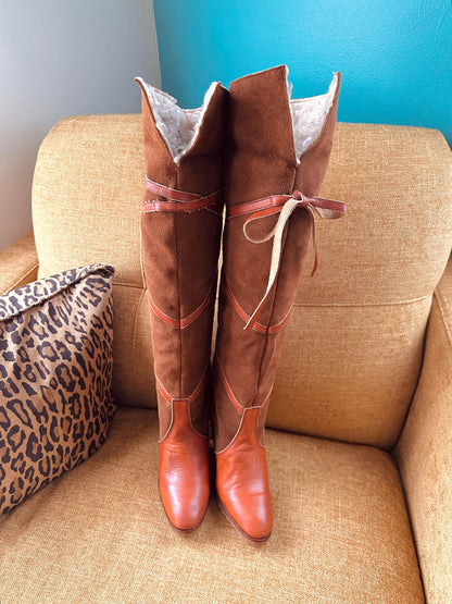 Vintage 1970s Boots Size 8 Tall OTK Lace-up Shearling Lined 60s 70s Gogo Boho Boots