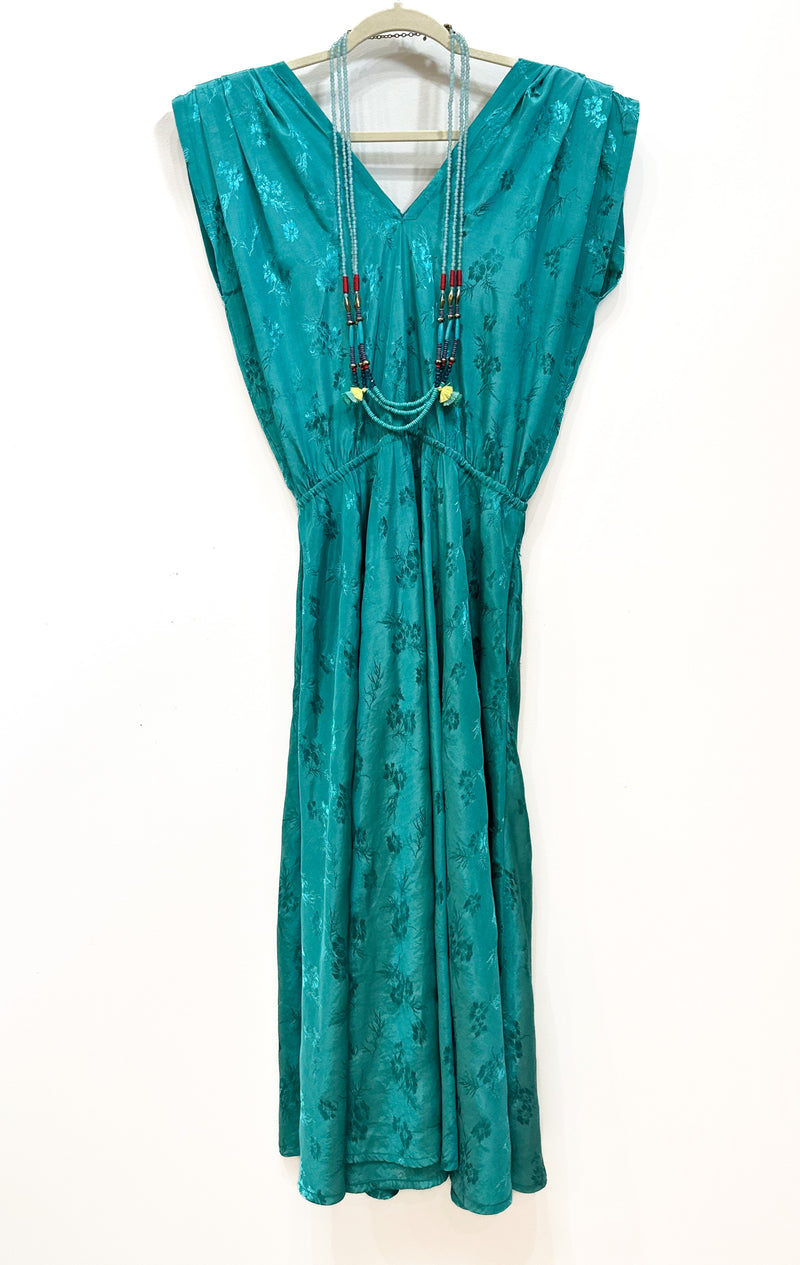 Vintage Sundress Sz. L Teal Floral Brocade Party Dress Midi Length Pocket Dress Size Large